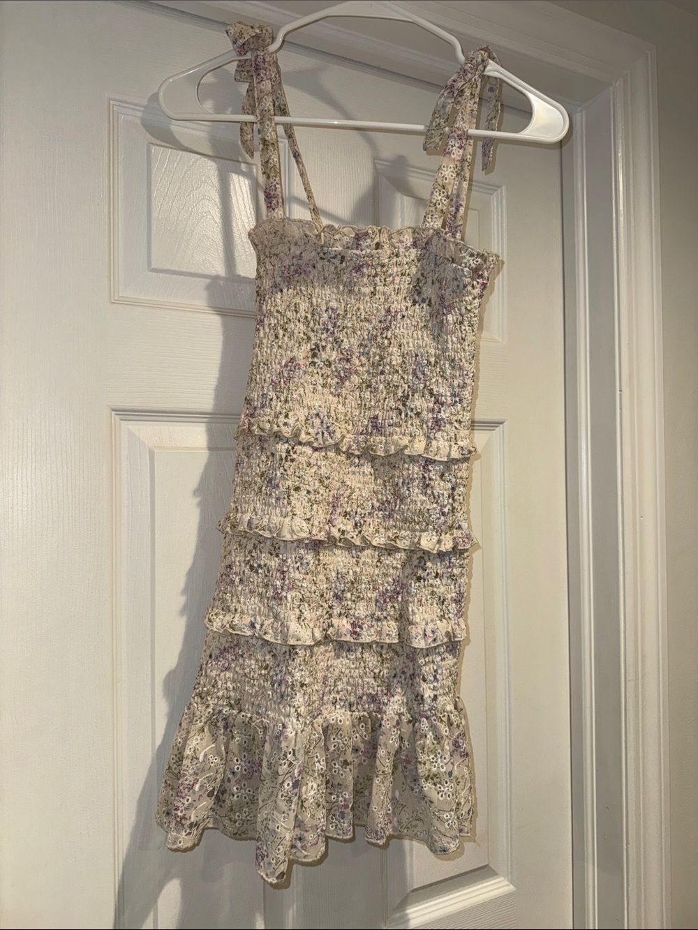 Katie J NYC Tween Floral Tiered Smocked Mini Dress - Cream with Purple Floral